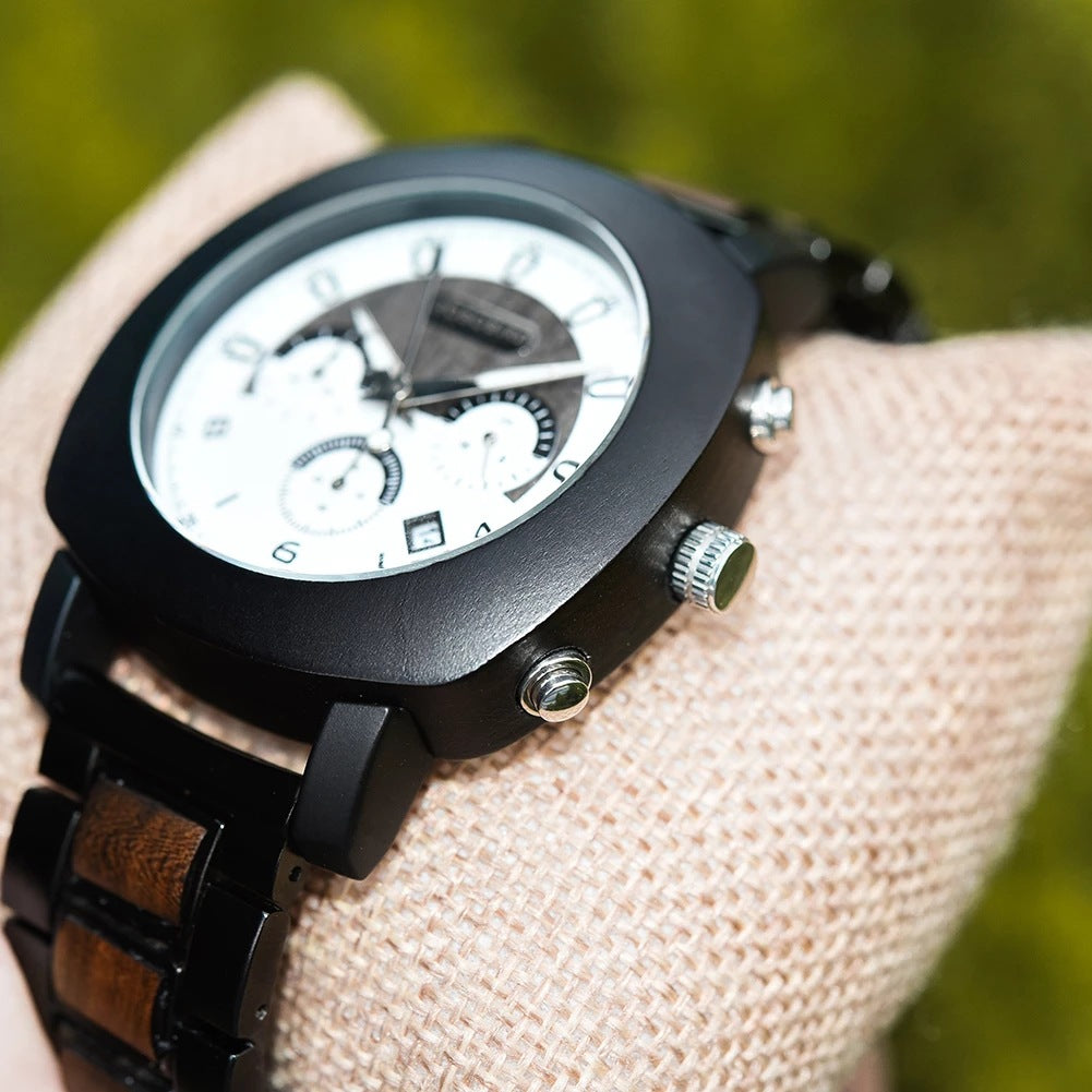 Multi-Function Quartz Wooden Watch with Three Eyes