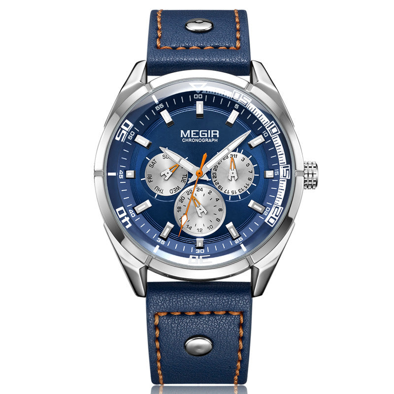 Men's Leather Quartz Watch with Large Dial