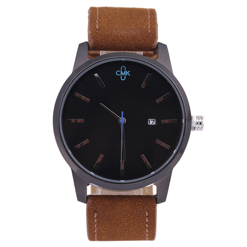 Large Dial Calendar Quartz Watch with Leather Strap