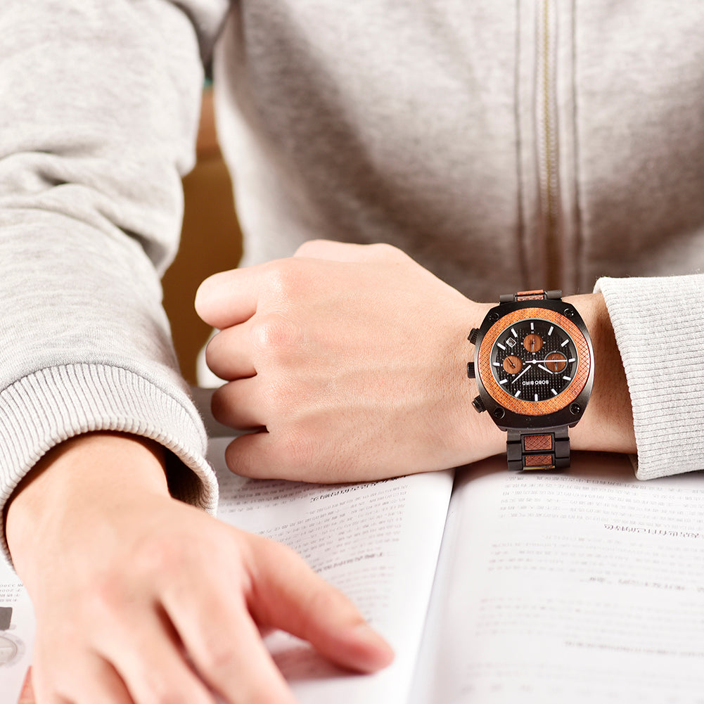 Multi-Function Quartz Wooden Watch with Three Eyes