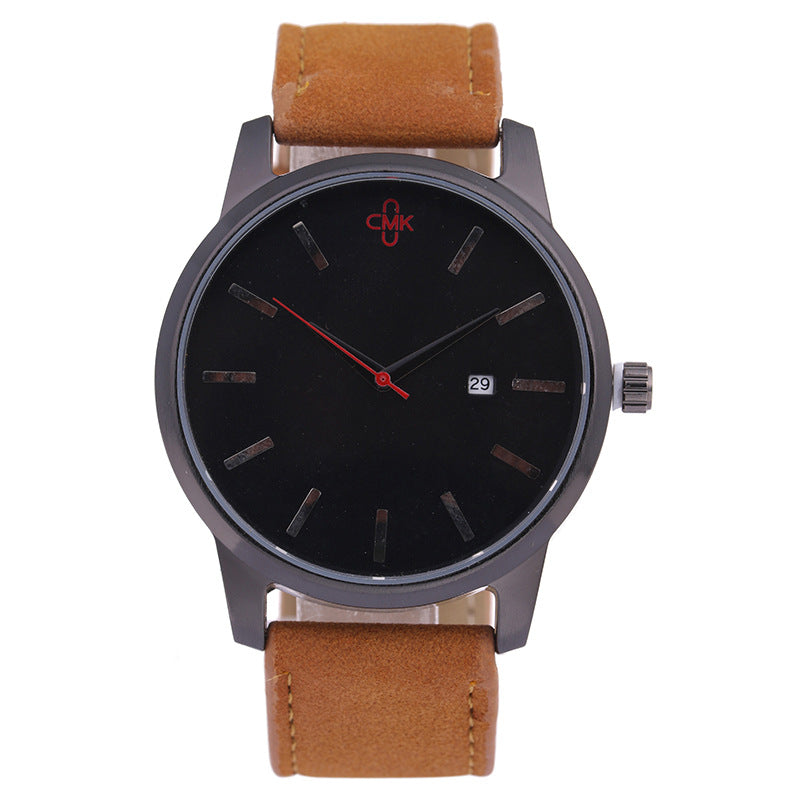Large Dial Calendar Quartz Watch with Leather Strap