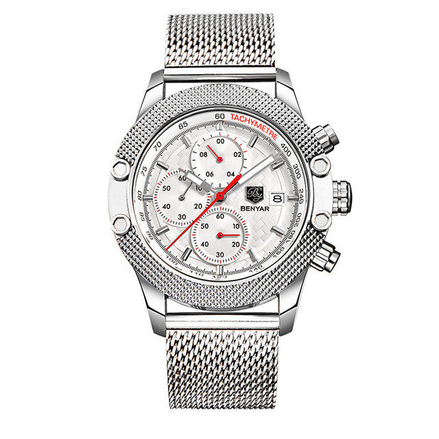 Quartz Three-Eye Watch with Steel Band and Waterproof