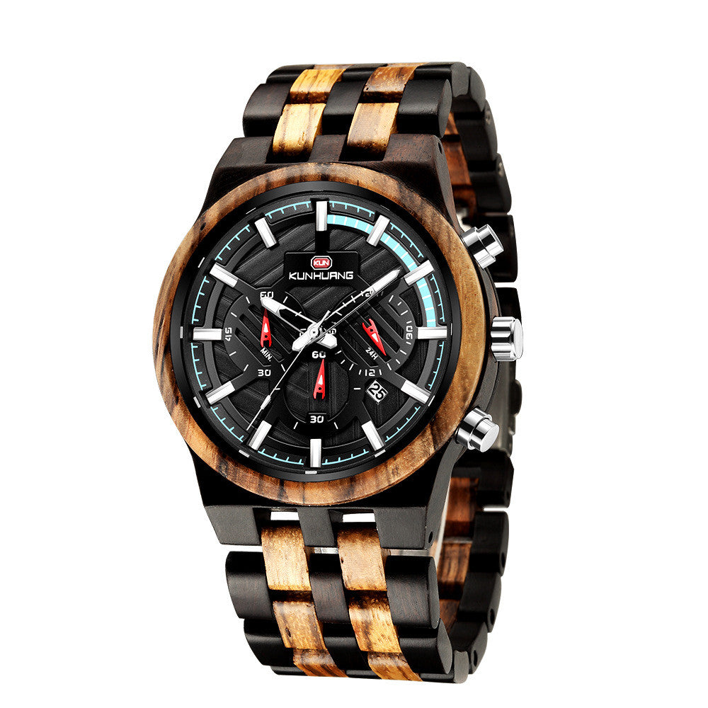 Men's Wood Quartz Watch with Large Dial and Three Eyes
