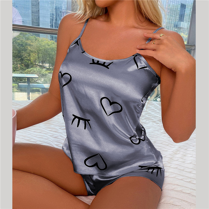 Sexy Heart Print Silk Satin Pajama Set (2 Pieces)