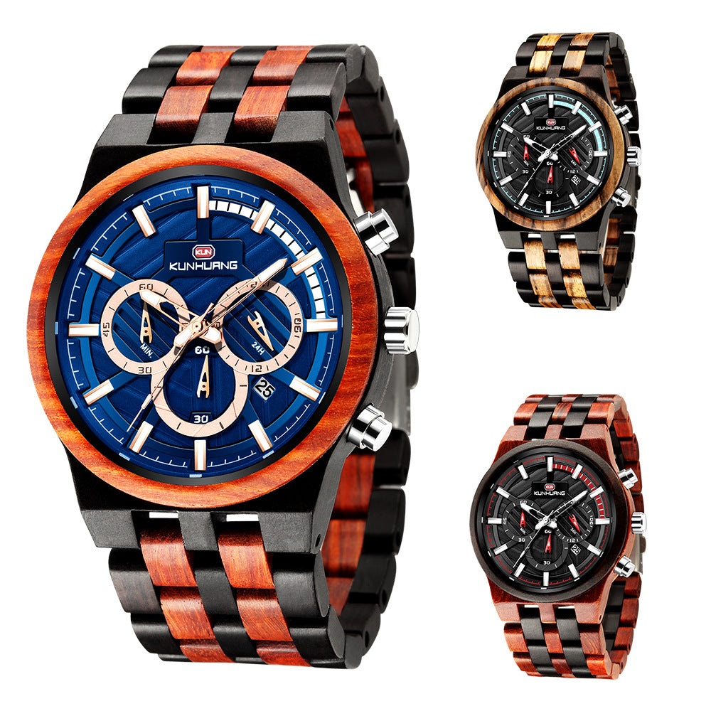 Men's Wood Quartz Watch with Large Dial and Three Eyes