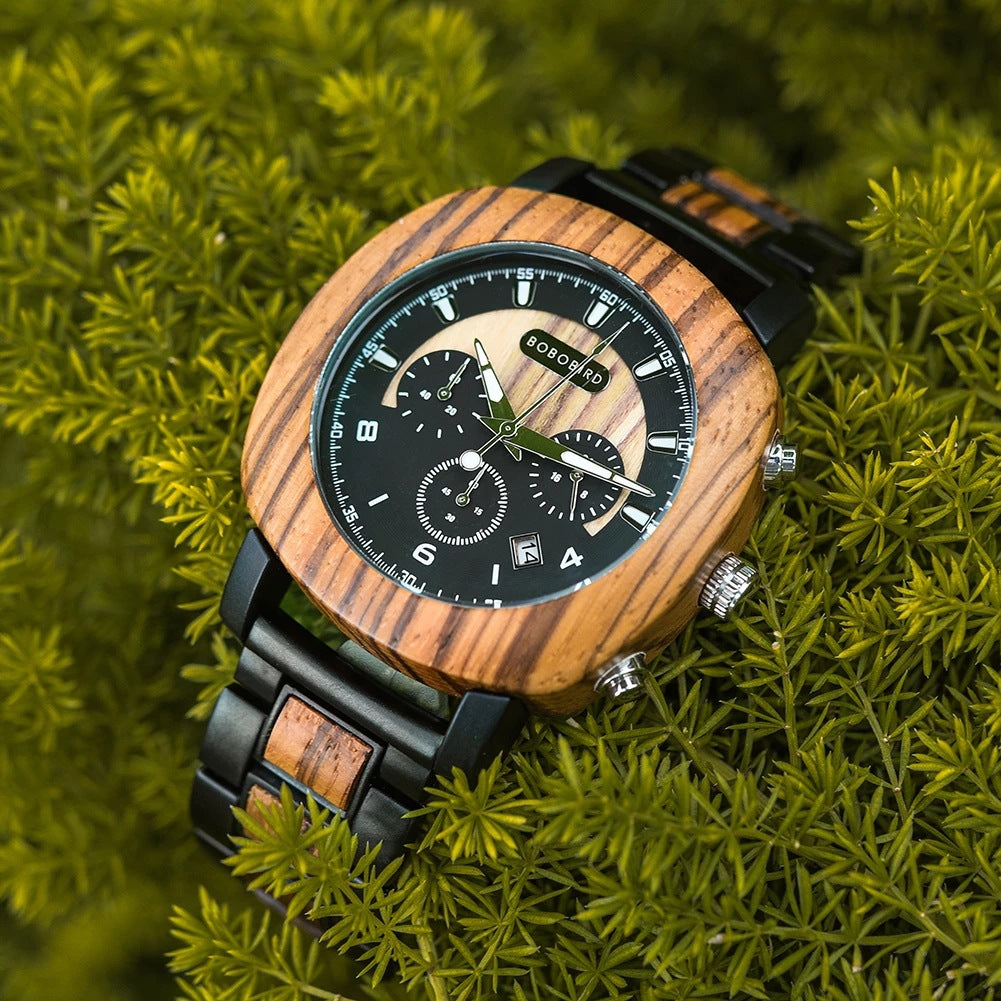 Multi-Function Quartz Wooden Watch with Three Eyes