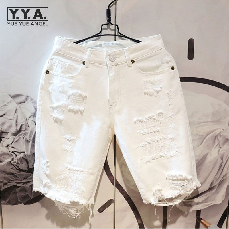 Men's Casual White Ripped Denim Summer Shorts