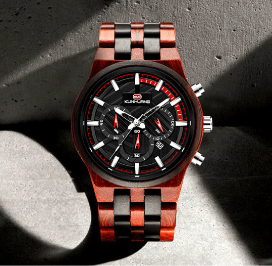 Men's Wood Quartz Watch with Large Dial and Three Eyes