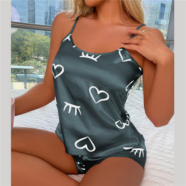 Sexy Heart Print Silk Satin Pajama Set (2 Pieces)