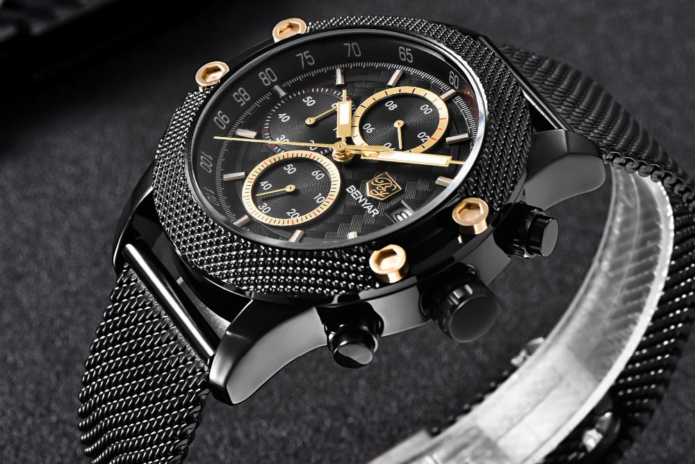 Quartz Three-Eye Watch with Steel Band and Waterproof