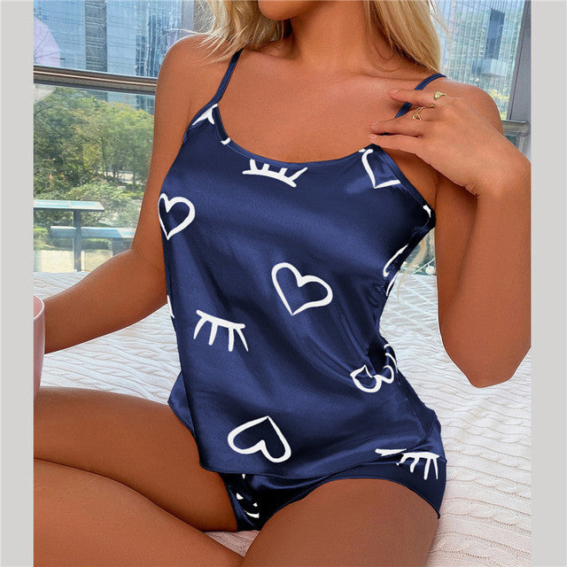 Sexy Heart Print Silk Satin Pajama Set (2 Pieces)