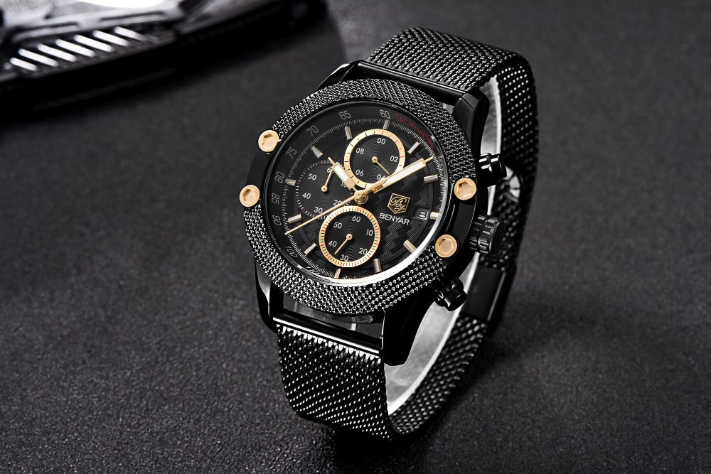 Quartz Three-Eye Watch with Steel Band and Waterproof