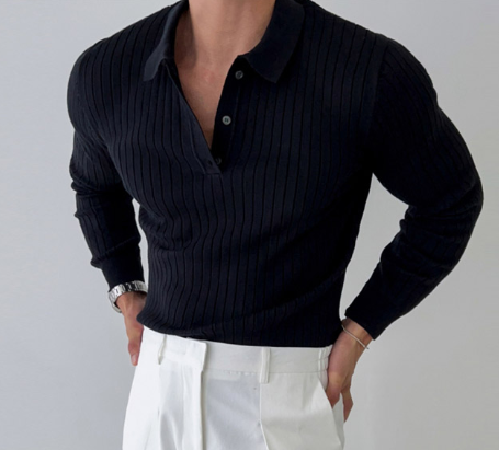 Men's Ribbed Knit Polo Shirt - Casual Button-Up Top