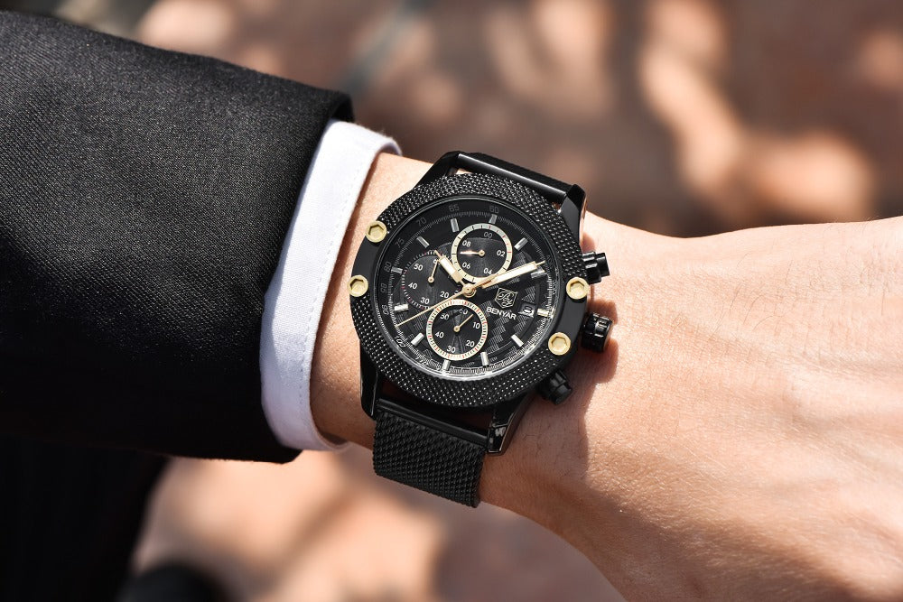 Quartz Three-Eye Watch with Steel Band and Waterproof