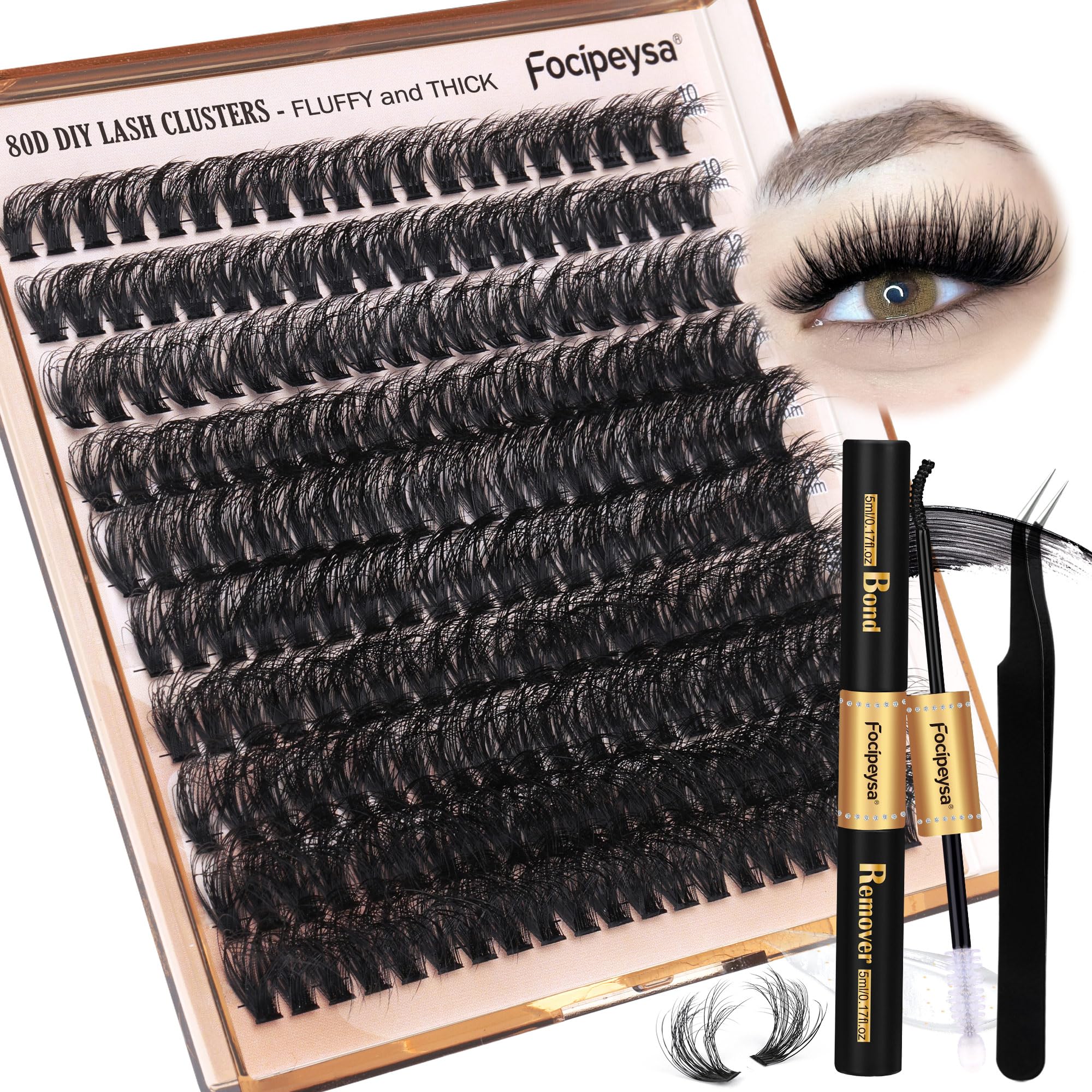 Focipeysa Eyelash Extension Kit 200pcs 80D Mink Fur False Eyelashes 10-18mm DIY Lash Clusters Matte Black Vegan Cruelty Free Includes Lash Bond & Remover Tweezers