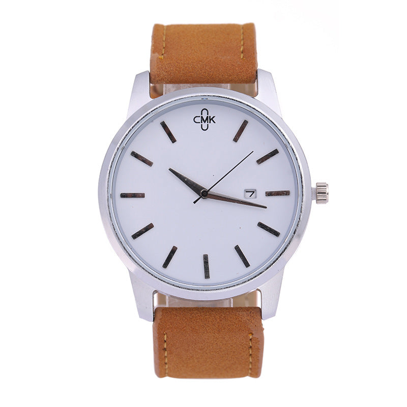 Large Dial Calendar Quartz Watch with Leather Strap